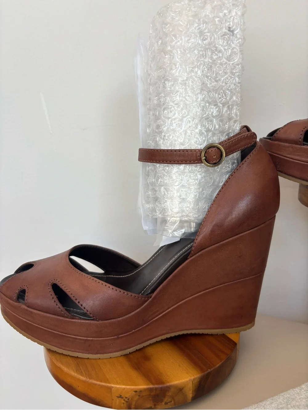 Hogan Brown Leather Wedge Sandals with Ankle Strap, sz 39 Made in Italy